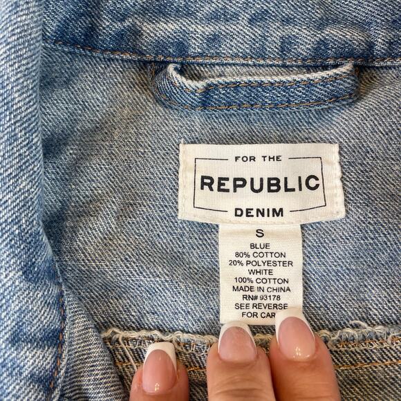 For The Republic Two Tone Denim Jacket Blue White S Small M Oversize Raw Edge - Picture 3 of 5